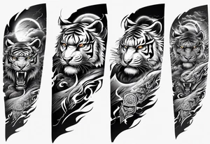 Tiger Warrior sleeve tattoo with lightning and the sun
Forearm sleeve tattoo idea