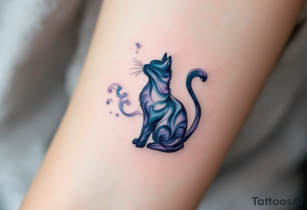 Mystic Smoke Cat Silhouette – A cat made of swirling smoke shapes in dark gray, slate blue, and faint lavender tones. tattoo idea