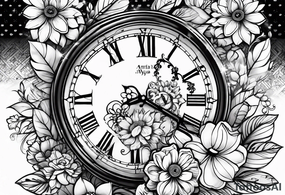 Aniya 6:51pm, Amari 4;57pm, Ameer 5:33am flower clocks teddybears half sleeve children deducation tattoo idea
