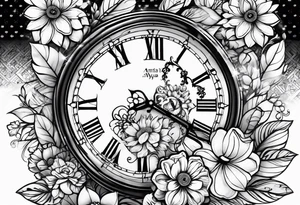 Aniya 6:51pm, Amari 4;57pm, Ameer 5:33am flower clocks teddybears half sleeve children deducation tattoo idea