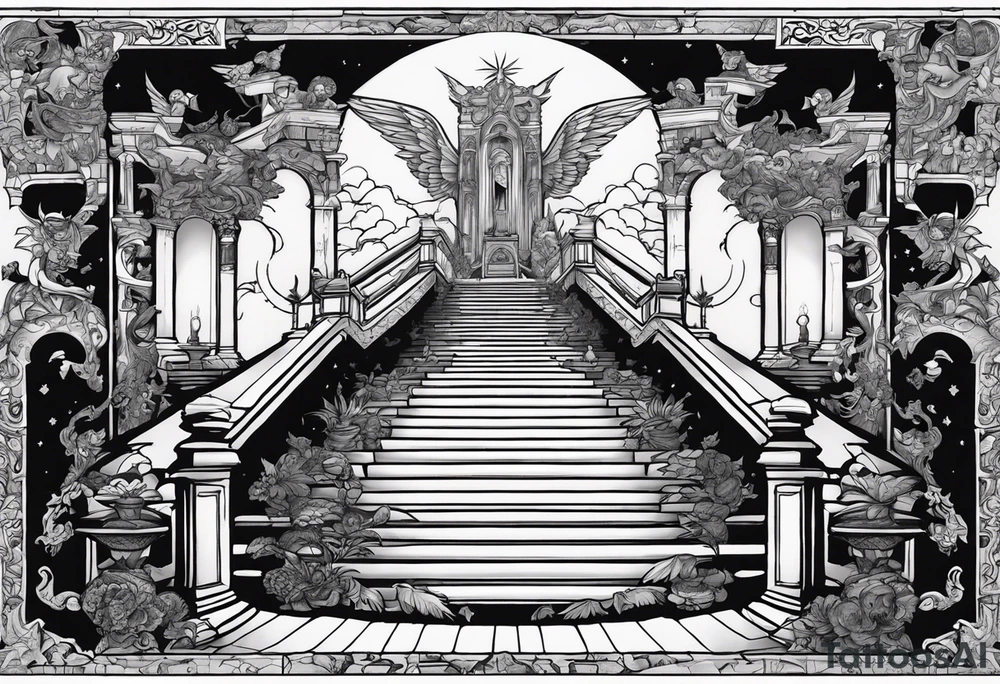 walking through the shadow valley of death with a stair case in the middle and angel at the top of the stairs and lots of demons  surrounding the staircase tattoo idea