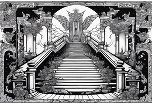 walking through the shadow valley of death with a stair case in the middle and angel at the top of the stairs and lots of demons  surrounding the staircase tattoo idea