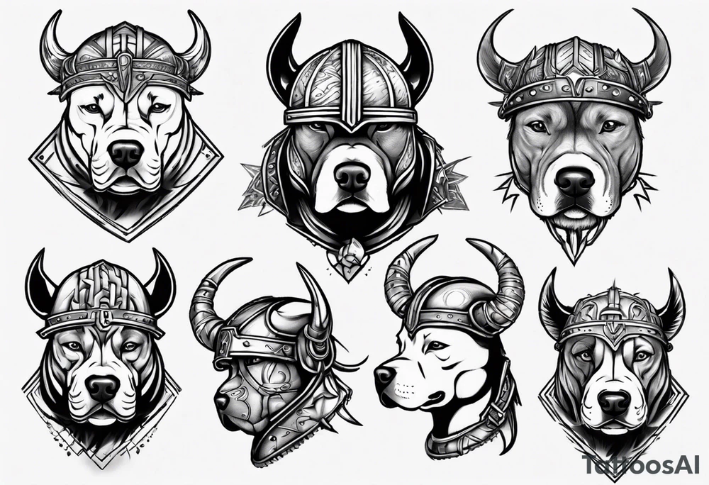 Pitbull wearing a viking helmet tattoo idea