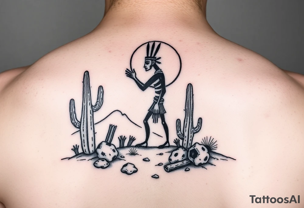 Kokopelli symbol in desert scene with cactus and sun tattoo idea