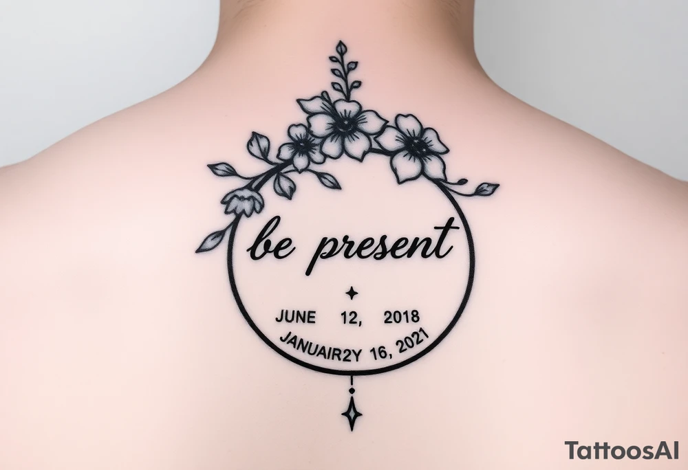 Enso ring with flowers and a stem with writing in cursive that says be present. Incorporate the dates June 2, 2013, March 2, 2016, and January 20, 2021. Also include three stars.


Make the Enso ring prominent tattoo idea