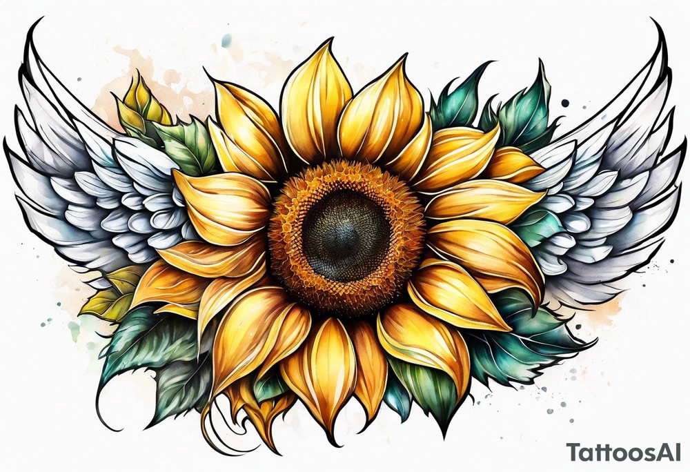 Sunflowers and angel wings leg sleeve tattoo idea