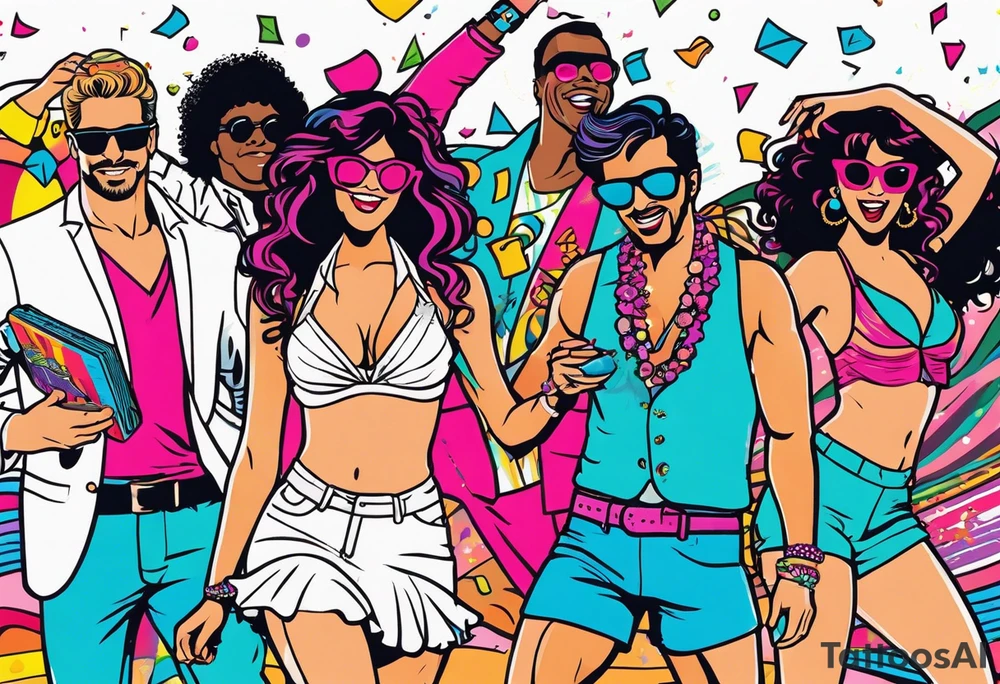 1980's miami vice style beach dance 
party, include confetti, music notes, boom box, bikinis tattoo idea