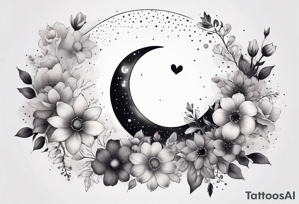 Crescent moon with a heart inside, shrouded by beautiful flowers with wisps of mist tattoo idea