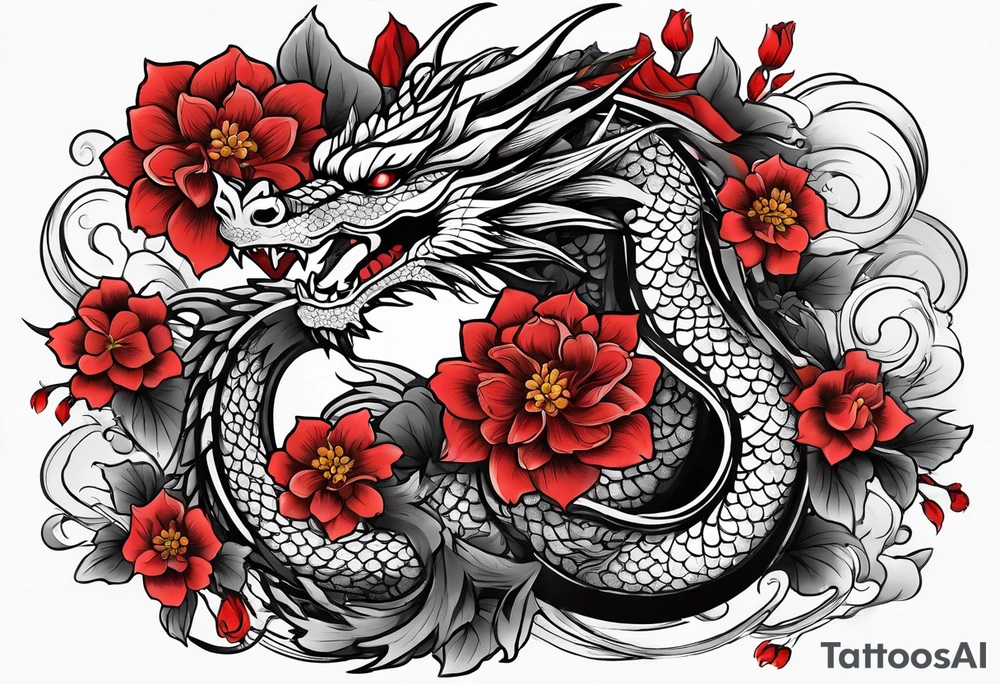 Dragon and flowers - black and red tattoo idea