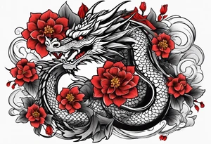 Dragon and flowers - black and red tattoo idea