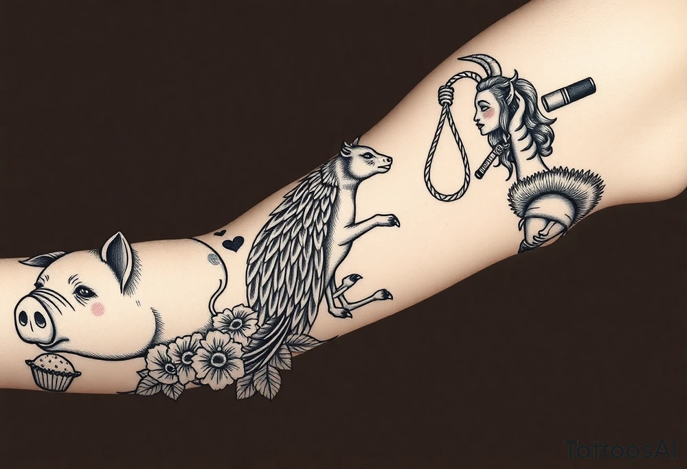 Storm clouds, pig, peacock , fat sexy naked fat woman, cupcakes, noose , money, goat, lion, couple having sex, cigerette storm lightening, killing, darkness, lazy tattoo idea