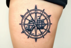 antique compass rose overlaid on weathered world map with sailing ships tattoo idea