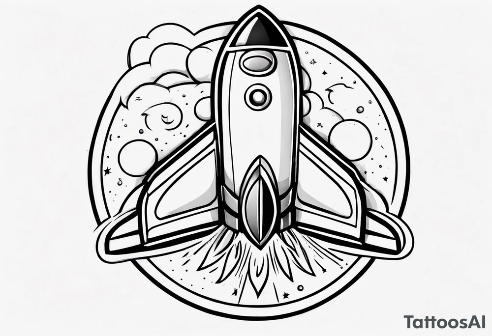 Super simple cartoon rocket ship with a round window, 3 fins, and fire coming out the bottom

Add some shading and detail to make less basic tattoo idea
