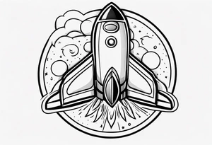 Super simple cartoon rocket ship with a round window, 3 fins, and fire coming out the bottom

Add some shading and detail to make less basic tattoo idea