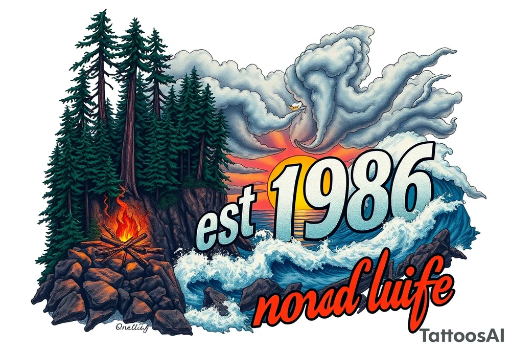Collage of Redwood forest cliff huge trees campfire smoke and sunset meeting ocean  with huge waves crashing on the rocky shoreline and a night ski with the words "est.1986 nomad life" in graffiti like old English custom letters tattoo idea