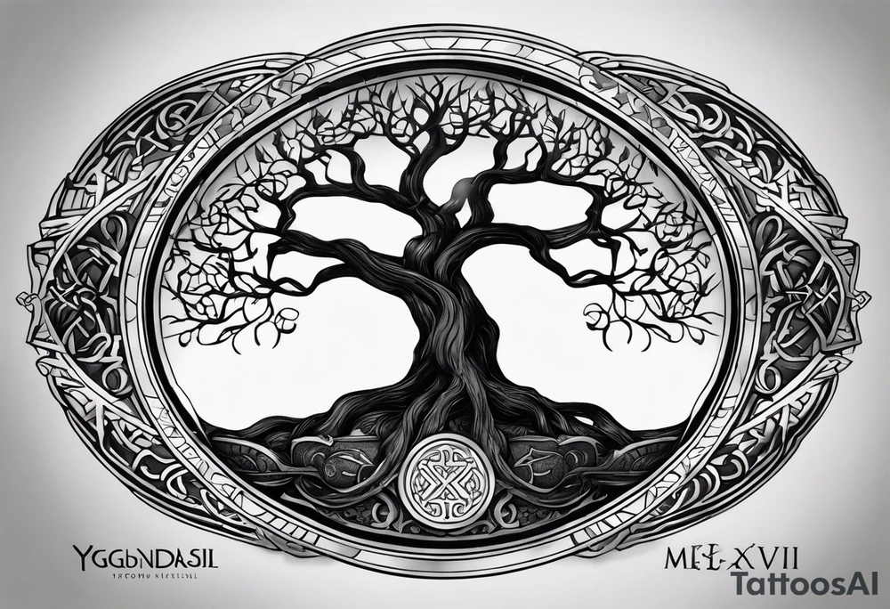 Yggdrasil with no leaves. A roman inscription "MEMENTO VIVERE" on the top. A metal bracelet with the date XXXI-VII-MMXV tattoo idea