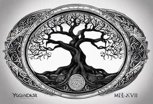 Yggdrasil with no leaves. A roman inscription "MEMENTO VIVERE" on the top. A metal bracelet with the date XXXI-VII-MMXV tattoo idea