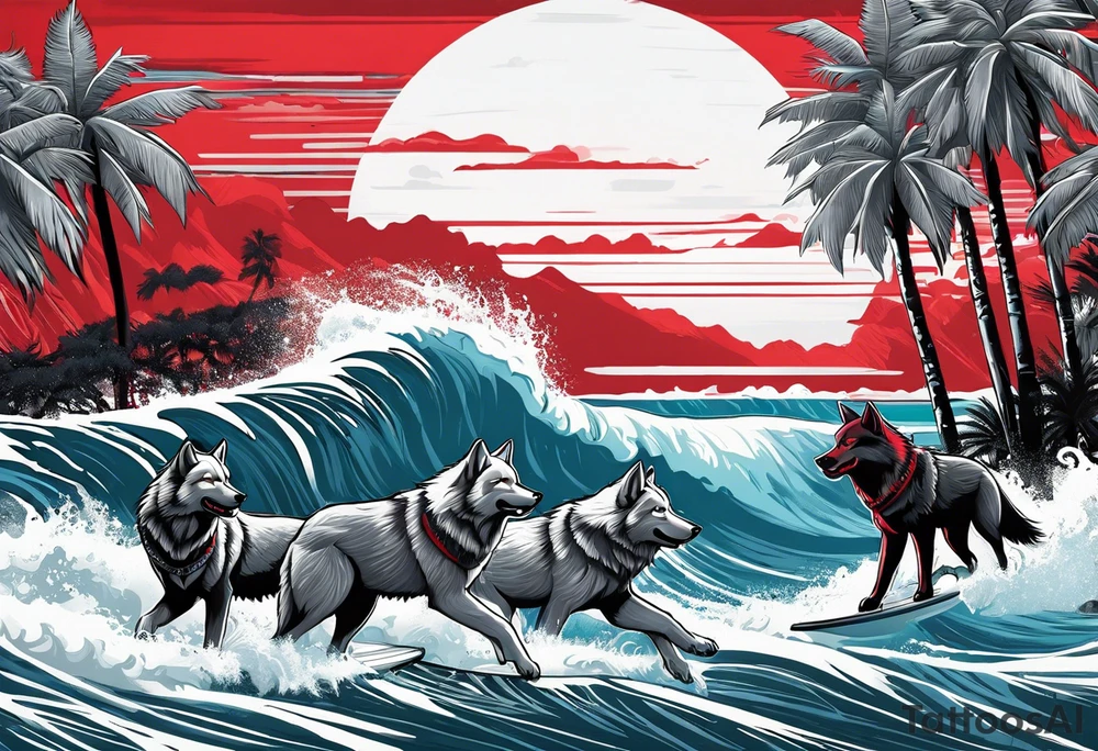 a pack of howling muscular  gray wolves surfing with a tropical background with red white and black and gray tattoo idea