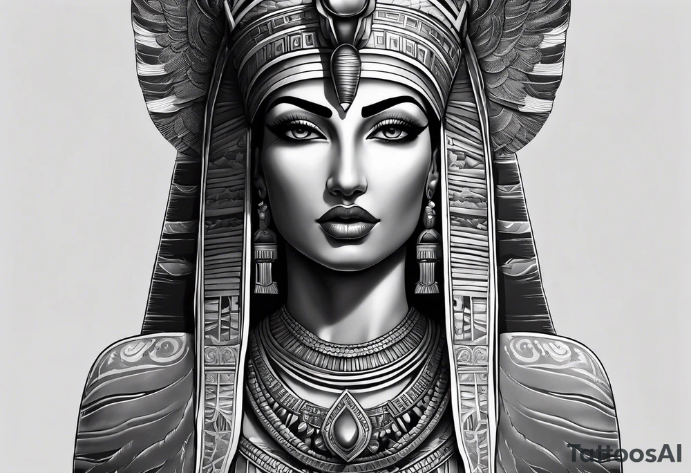 black and gray photo realistic goddess isis with minimal detail tattoo idea