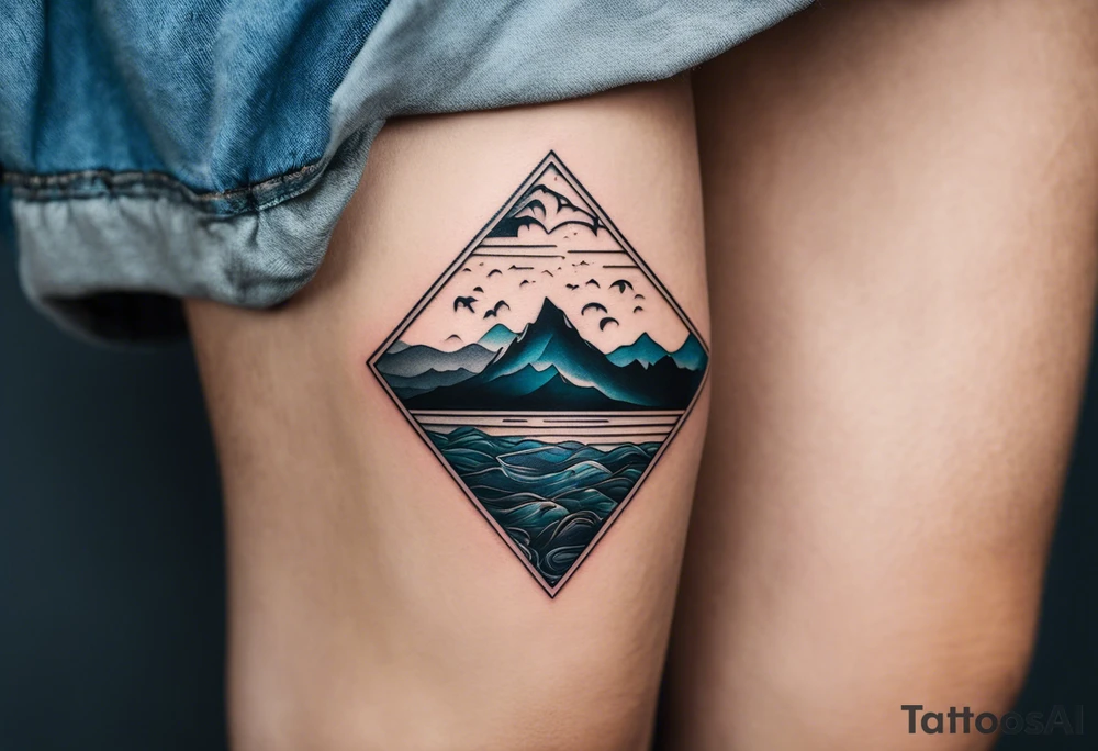 This is a minimalistic tattoo split into 2 distinct sections; a top half and a bottom half. The top half is a mountain in Norway with a windy mountain bike trail wrapping around the mountain. The bottom half of the tattoo depicts an underwater ocean scene, featuring water and sea life including a manta ray and sea turtle. tattoo idea
