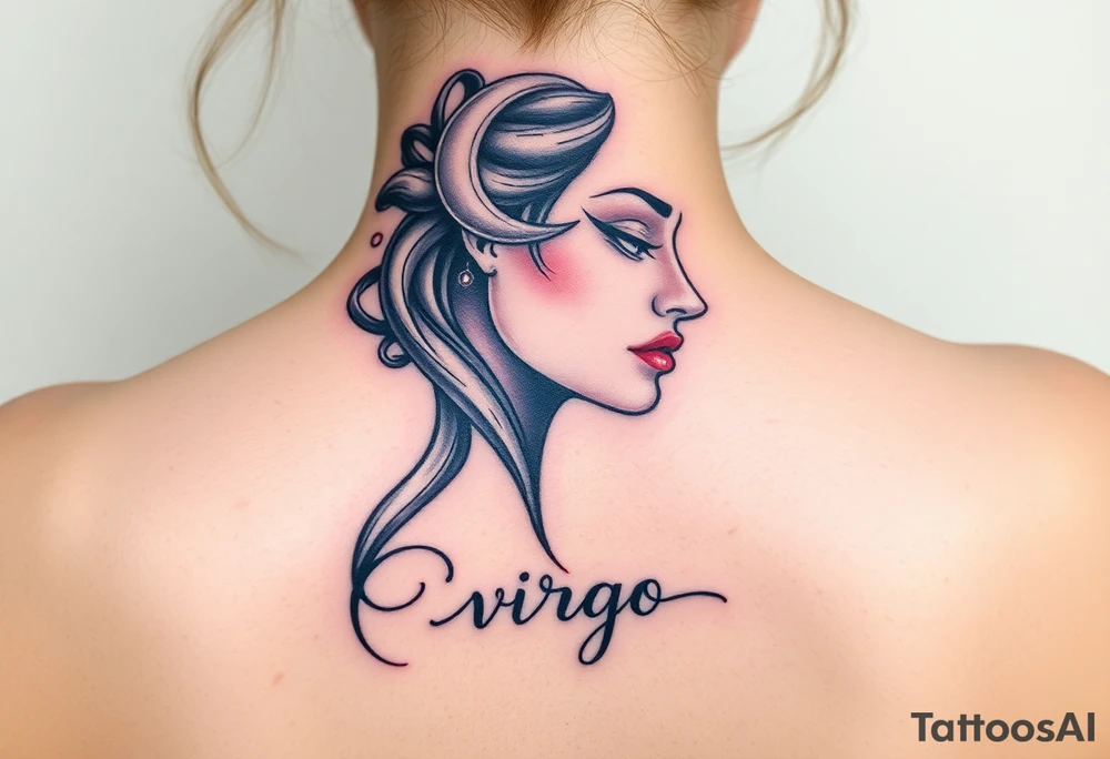 A detailed profile of a serene goddess with a crescent moon on her forehead, with silver and deep navy shading and the word virgo tattoo idea