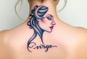 A detailed profile of a serene goddess with a crescent moon on her forehead, with silver and deep navy shading and the word virgo tattoo idea