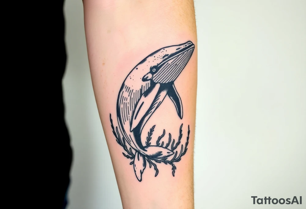 Forearm design, size = most of forearm.   Illustrative B/W with mix of heavy and light linework, detail, shading and artistic styling.   Humpback whale that is breaching.  Kelp underwater framing whale as it emerges. tattoo idea