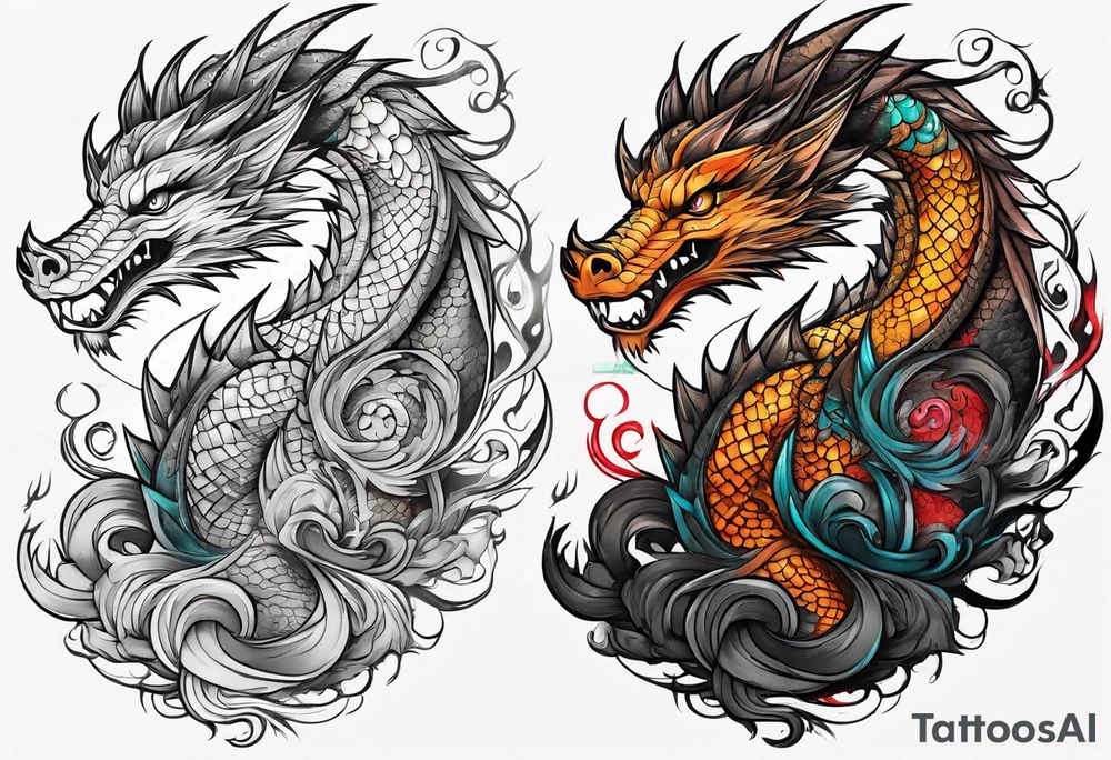 Dragon and raccoon spiral on shoulder tattoo idea