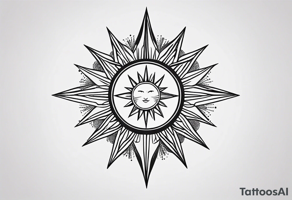 a mixture of minimalist/fine line/tribal/abstract
 tattoo design that is mainly minimalist with fine lines. unique Design of the sun that resembles a connection to the sun. It further resembles the sun's energy. Make it simple to draw and focus on the rays of sunshine
unique shape
simple design
more abstract tattoo idea