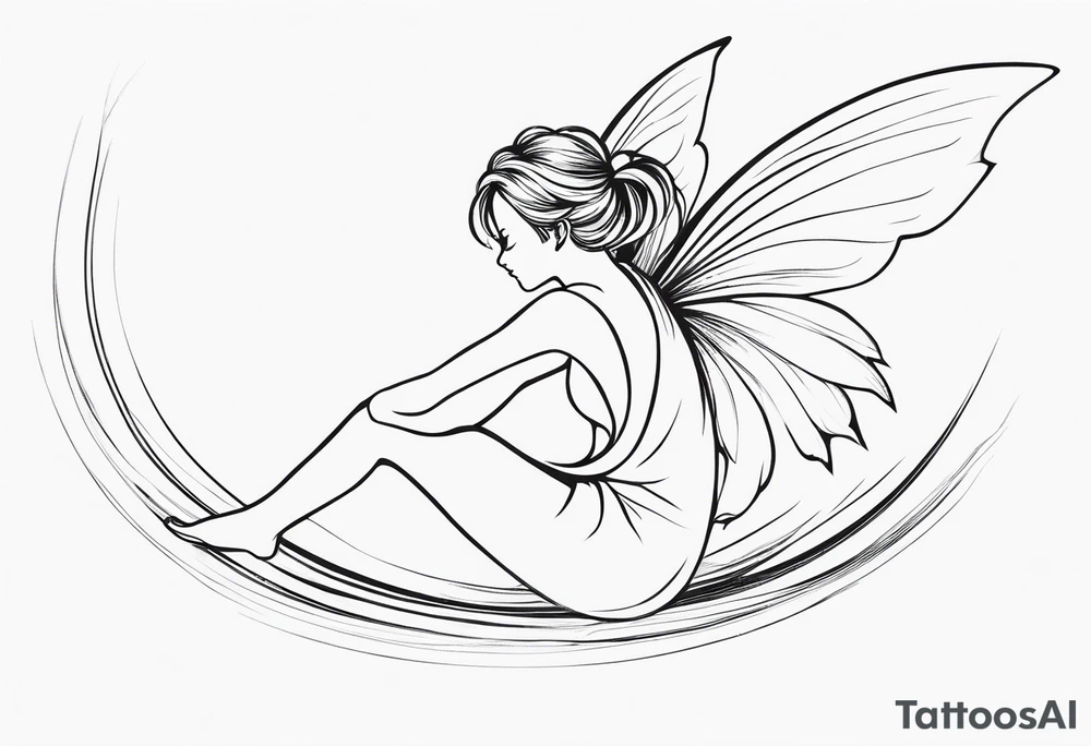 Minimalistic, monochromatic fairy with a tail flying to the left in a fetal position, leaning and looking in the same direction, with visible hands, embodying the 'Fairy Tail' logo aesthetic. tattoo idea