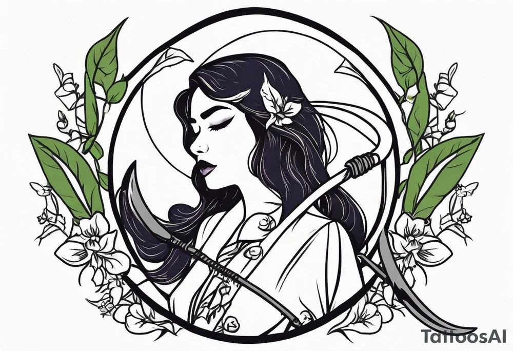 cute feminine deatg with scythe and nightshade tattoo idea