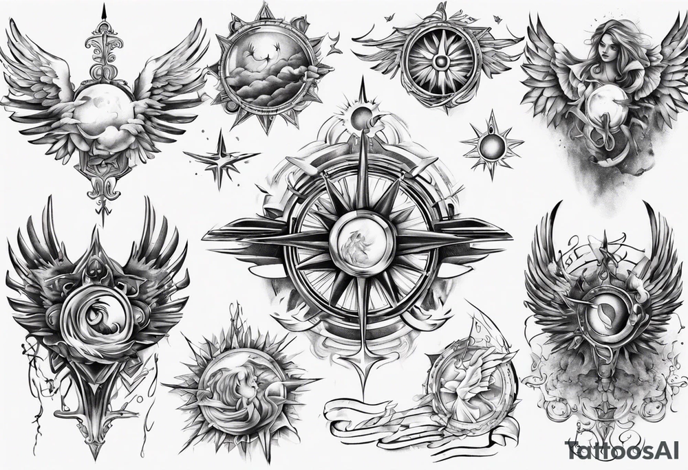 Chest tatoo abstraction with sun and letters and angels tattoo idea