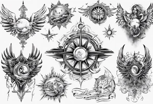 Chest tatoo abstraction with sun and letters and angels tattoo idea