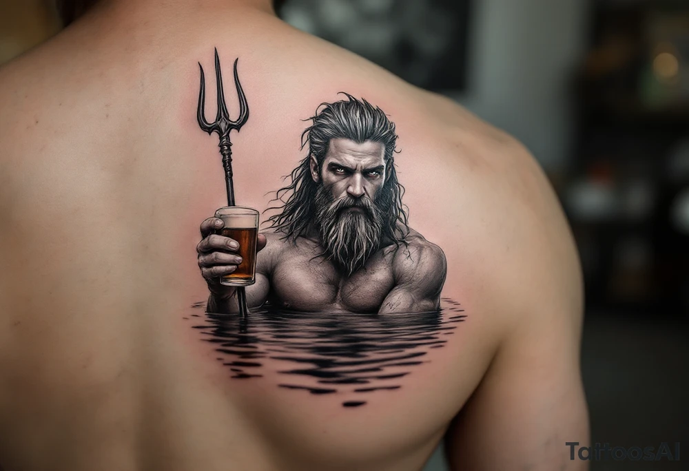 young, fit poseidon in calm water, holding a trident, holding a beer, looking at you tattoo idea