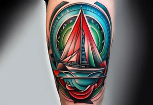 geometric style tattoo on knee with baby blue, red, and green accents. steel helical pier tattoo idea