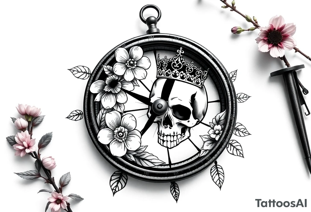 Compass with detailed beautiful gothic boho flowers on vine and skull with gorgeous crown tattoo idea