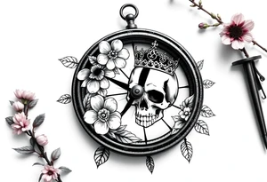 Compass with detailed beautiful gothic boho flowers on vine and skull with gorgeous crown tattoo idea