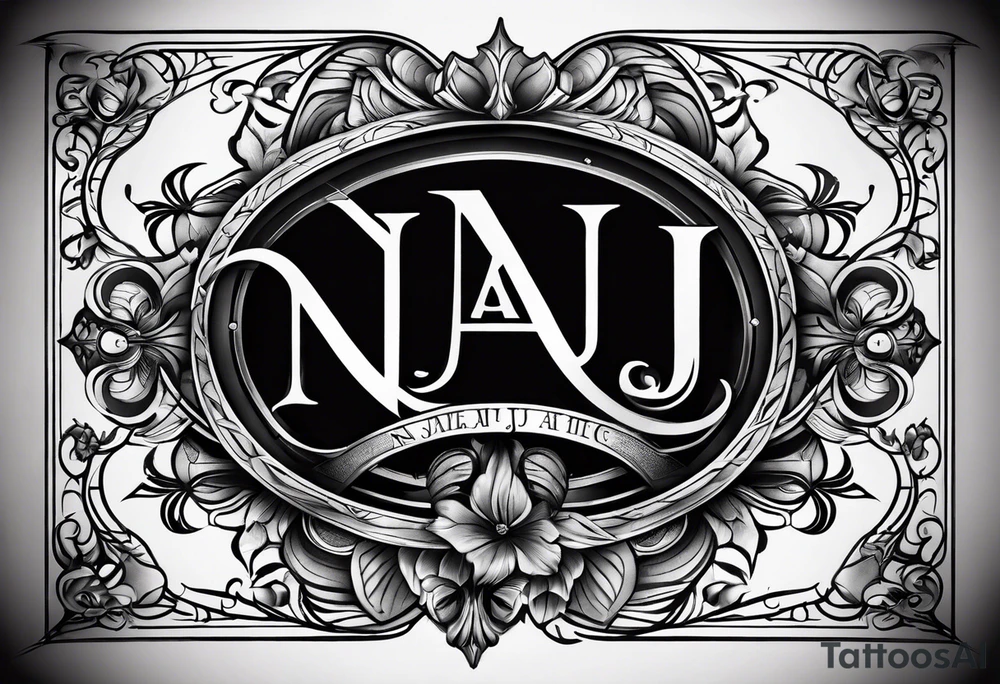 The initials N.A.J.E. in edwardian script surrounded by symmetrical smoke and simple design tattoo idea