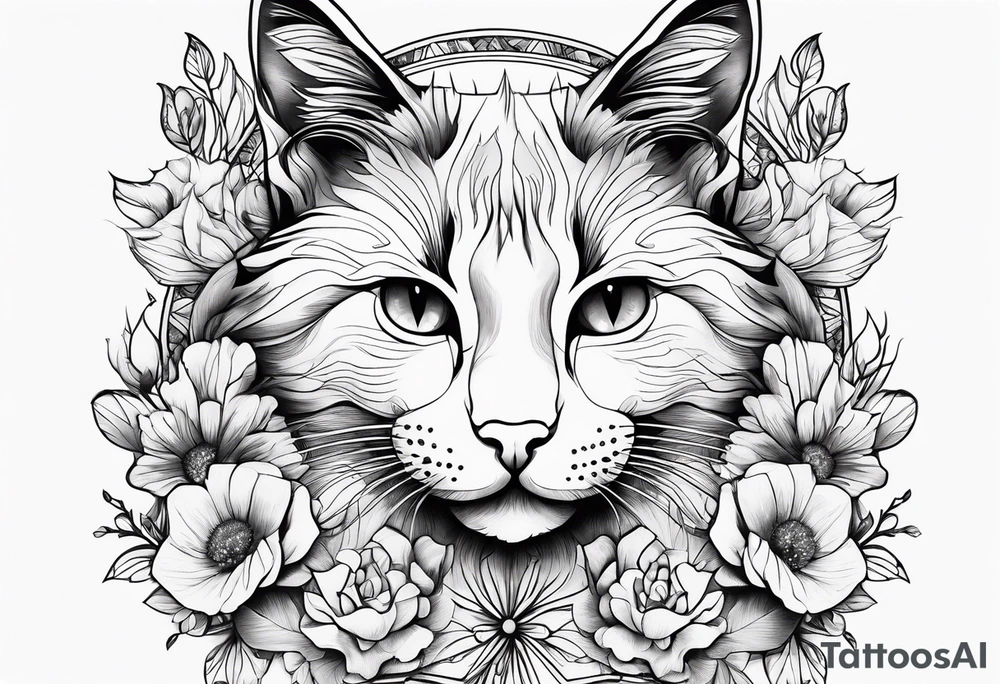 Make me a cat with fine features with flowers around it tattoo idea