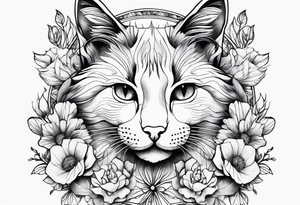 Make me a cat with fine features with flowers around it tattoo idea