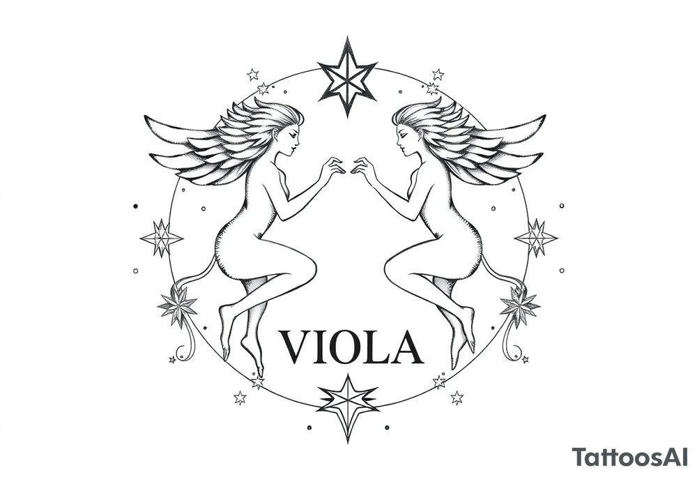 Gemini zodiac stars constellation with sacred geometry and cosmic elements with my name VIOLA In it tattoo idea