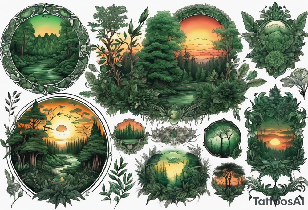 sunset in a dark green lush forrest, detailed, ornament, stunning, high quality, intricate, ultra realistic tattoo idea