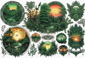 sunset in a dark green lush forrest, detailed, ornament, stunning, high quality, intricate, ultra realistic tattoo idea