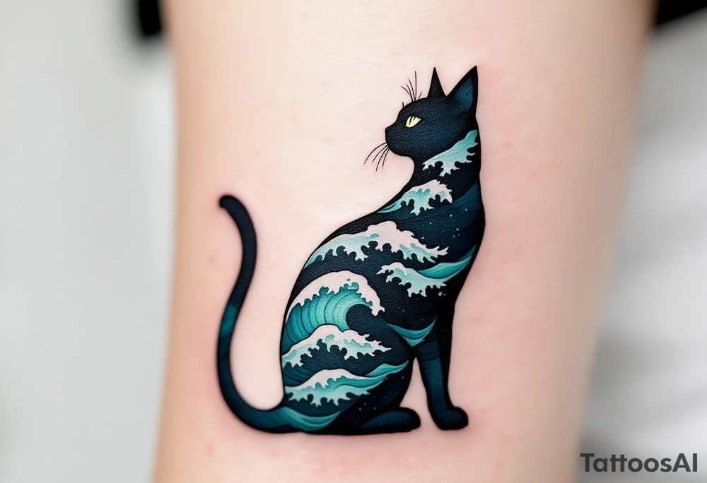 Ocean Cat Silhouette – A standing cat silhouette filled with ocean waves in shades of teal, navy, and seafoam green. tattoo idea