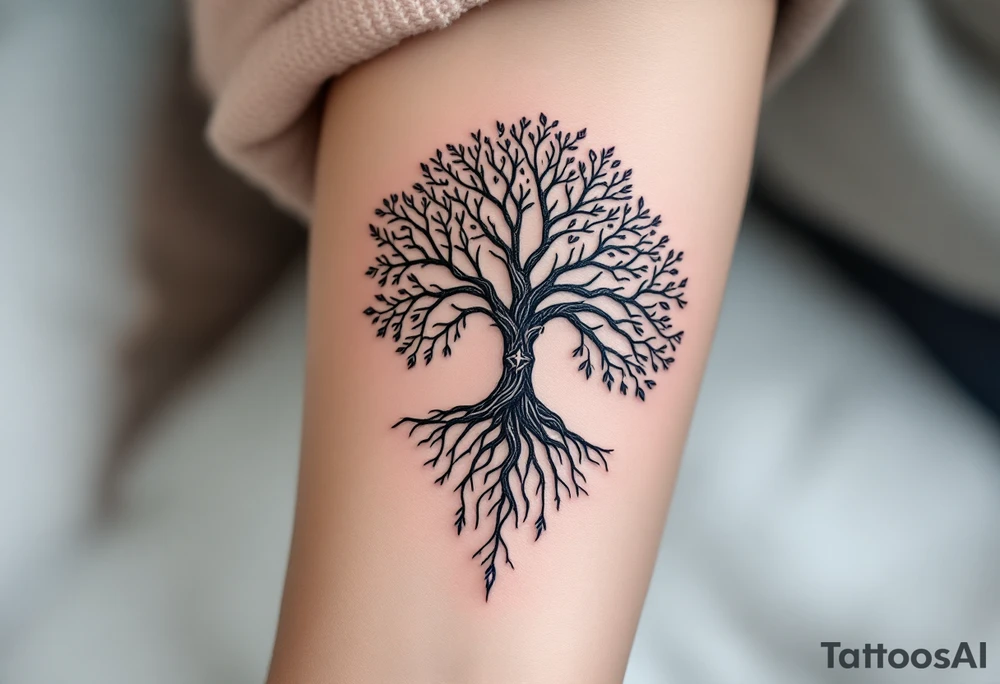 mystical tree of life with cosmic roots and celestial branches tattoo idea
