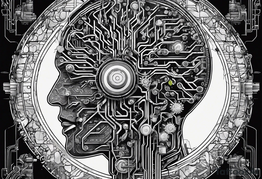 rewiring of the brain, with plants growing out in a circuit board like pattern of lines tattoo idea