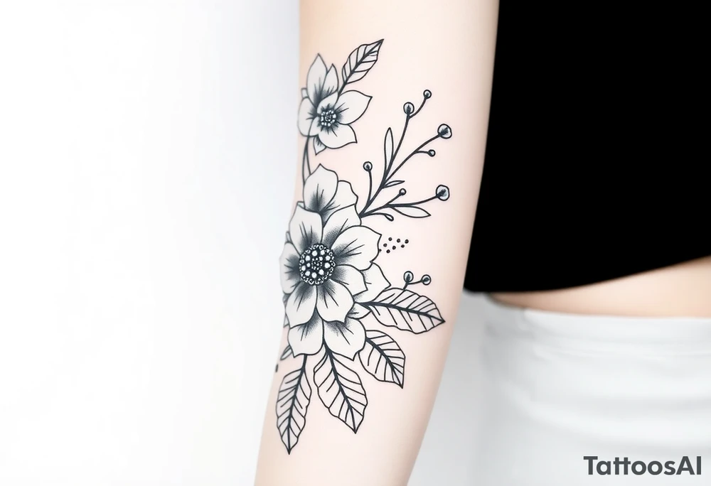 floral composition with japanese vibe, mutiple ornemental patern and leaf, dot geometric ornement, lycoris tattoo idea
