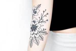 floral composition with japanese vibe, mutiple ornemental patern and leaf, dot geometric ornement, lycoris tattoo idea