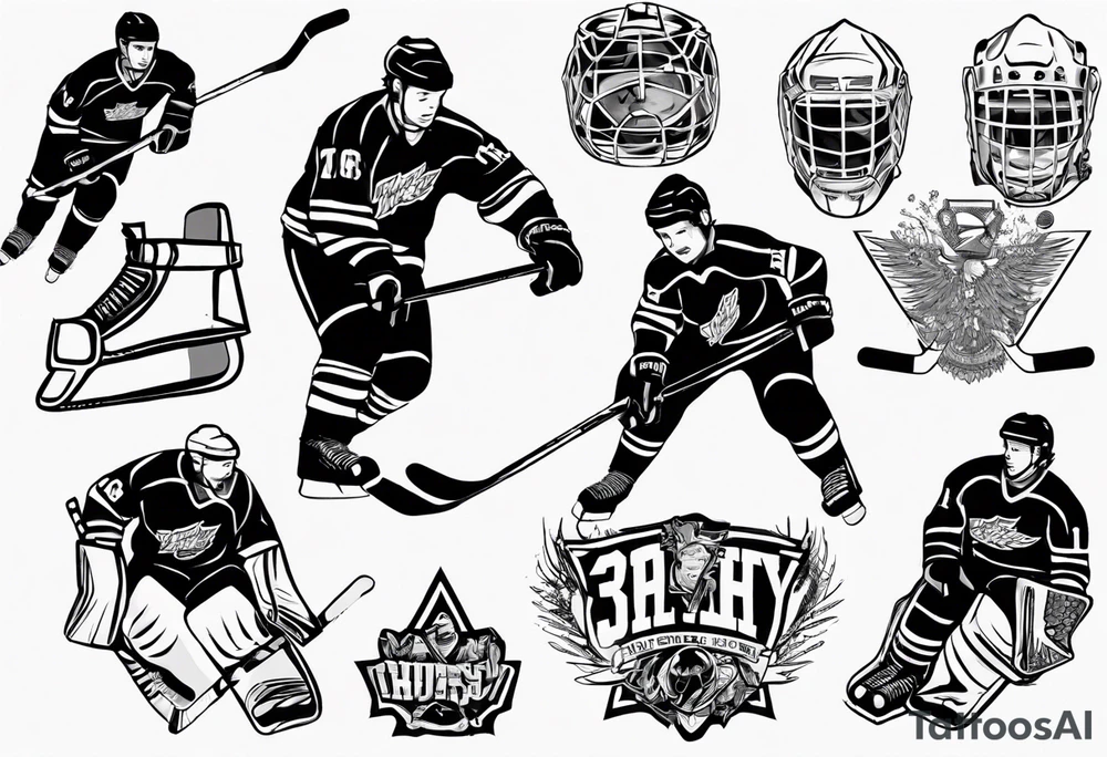 Hockey scene incorporating my children’s names in jerseys tattoo idea