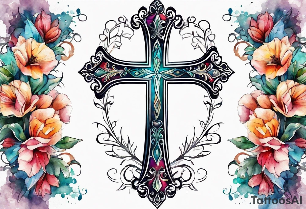 cross with watercolor backgound tattoo idea